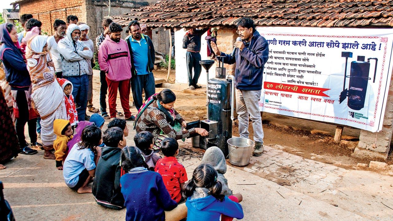 Villagers gather for a bumbb demonstration in Bramhapuri