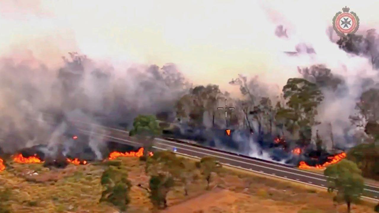 Wildfires along a road in Tara
