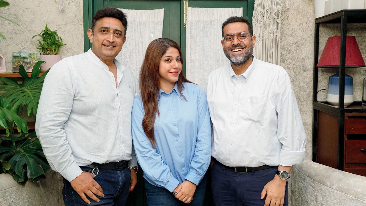 (From left) Business partners Suraj Shetty, Addite Malik, and Sumit Govind Sharma