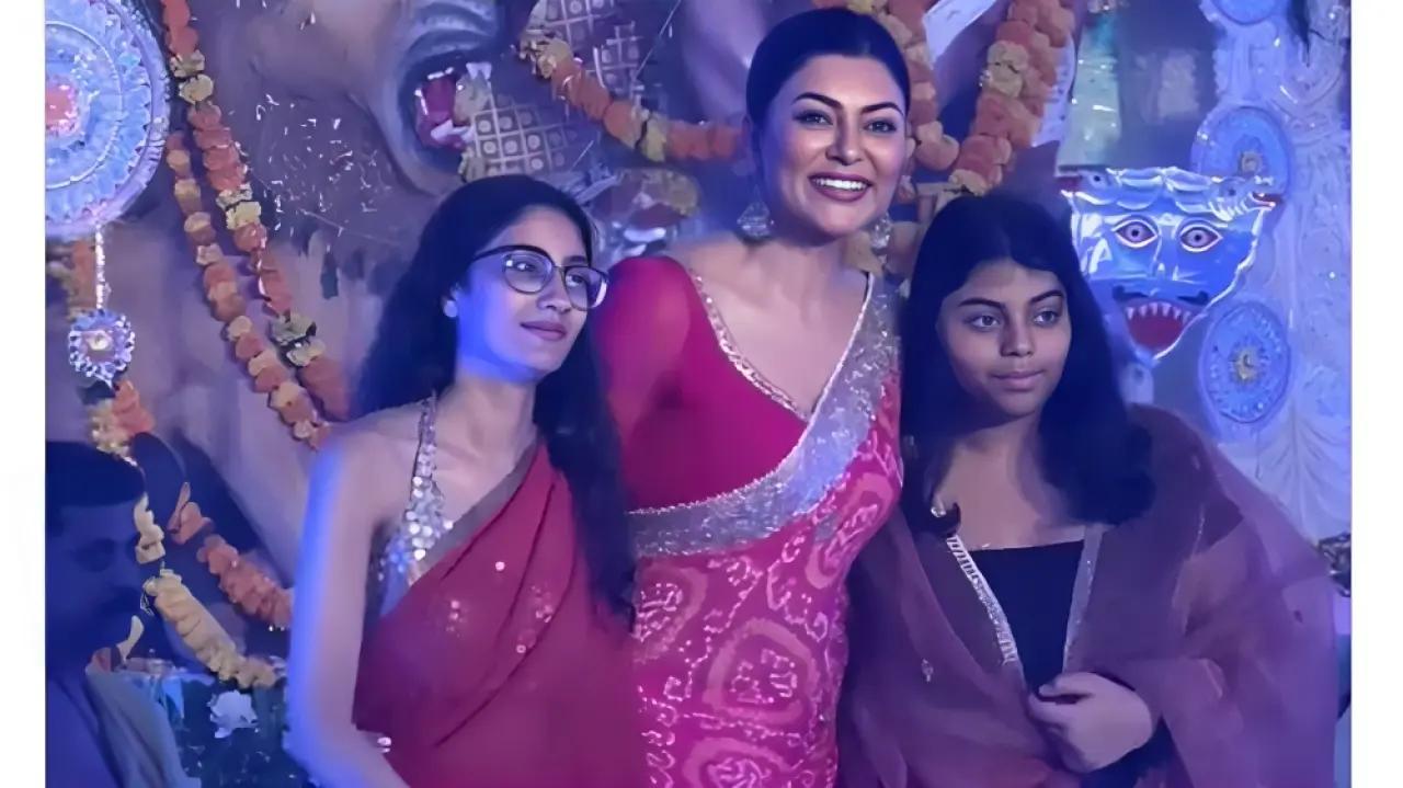 Sushmita Sen reached a pandal with her daughters. The actress opted for a traditional Indian look, donning a stunning pink saree. She also performed the traditional Dhunuchi Naach. Read more