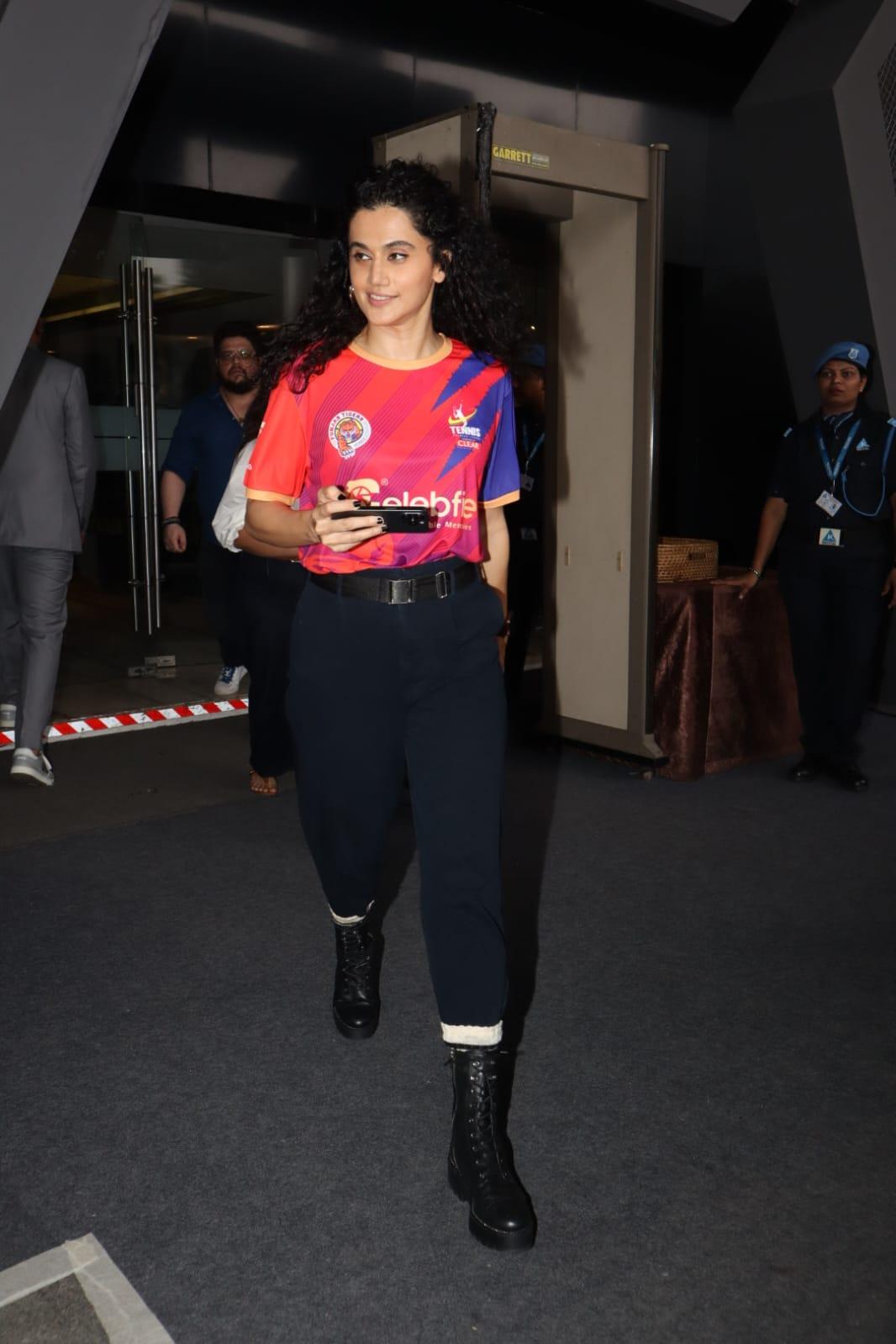 Taapsee Pannu was clicked leaving Sahara Star as she went to attend the Tennis Premier League season 5 auctions