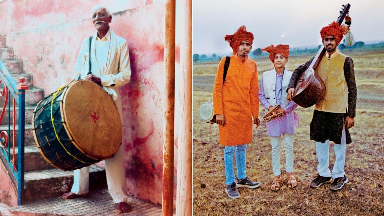 A Chichli dhol player. Pic Courtesy/Aakash Mehsram; (right) (Left) Dhangar musicians with  their tambura 