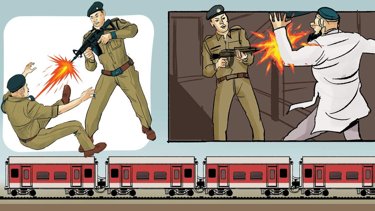 The first person to be shot dead by Chetansinh Choudhary was his senior ASI Tikaram Meena, 58, who was shot dead in the passage of compartment B-5 and B-6 of the Jaipur-Mumbai train following an argument they had over a request to leave the train over alleged ill-health was denied; next to be shot was Qadarbhai Bhanpurwala, 62, a passenger who had complained about the noise from the argument disturbing those who were sleeping. Chetansinh demanded to know who had complained and then shot Bhanpurwala between coaches B5 and B6; Chetansinh then traversed three coaches B4, B3 and B2 before stopping in B1 and singling out Saifuddin Sayyed, 43, whom he marched to the pantry door and shot him; Chetansinh’s last victim was Asgar Abbas Sheikh, 38, in coach B6 who was sporting a beard. Even as Sheikh begged, Chetansinh shot him in the chest.