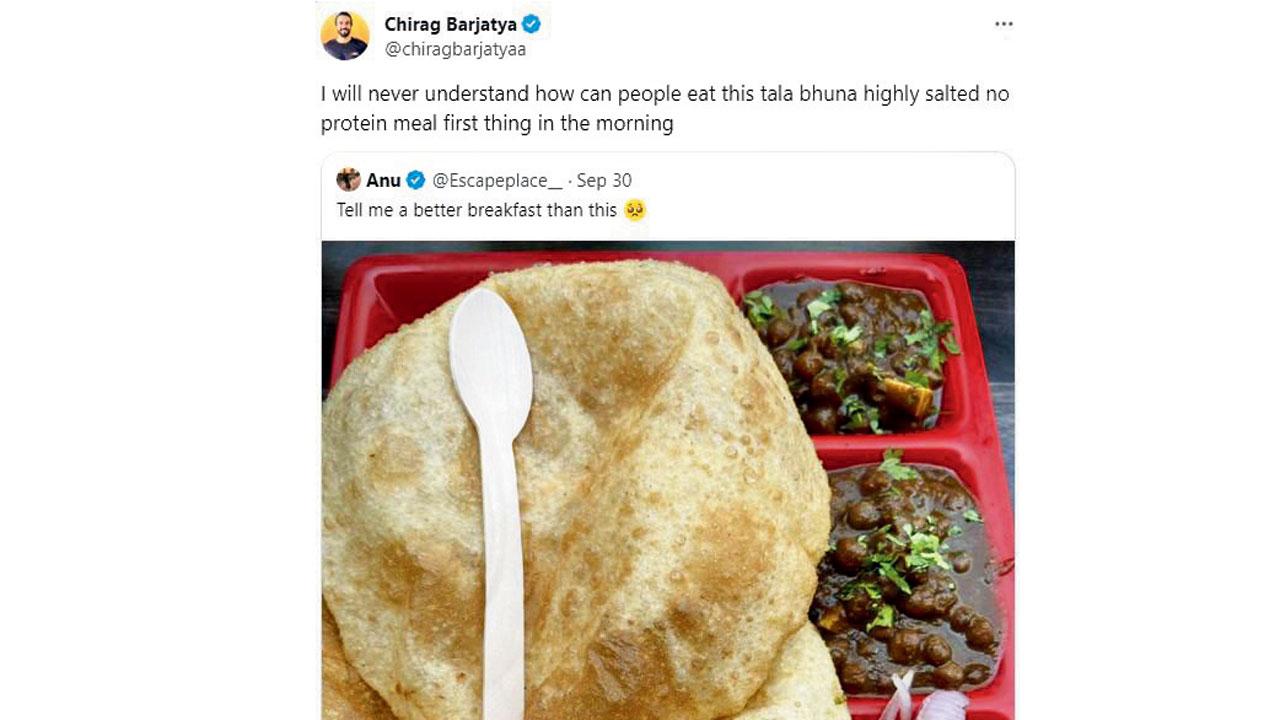 A screen grab  of the tweet where Chirag Barjatya shares how unhealthy it is to eat fried and spicy dishes for breakfast. Pic courtesy/X 