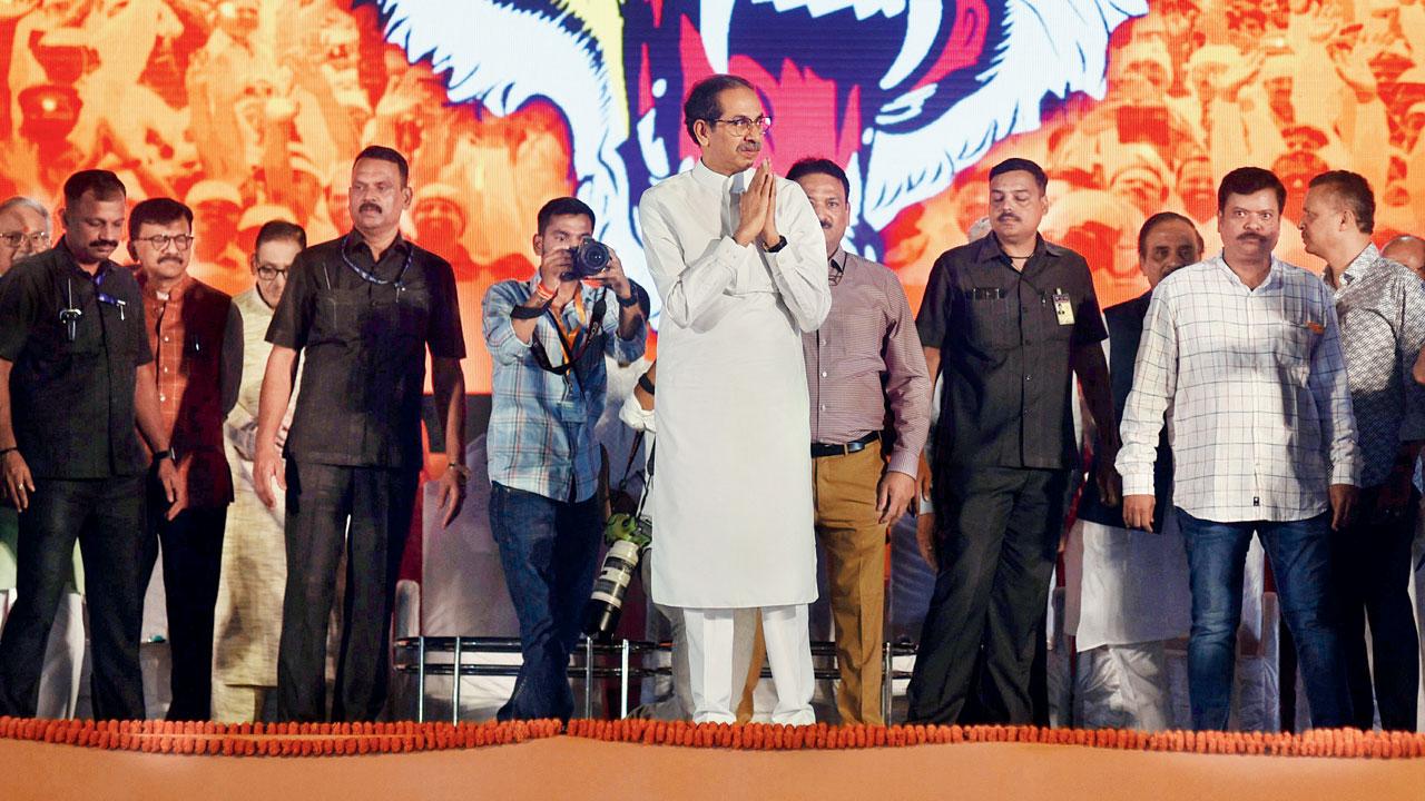 Shiv Sena (UBT) President Uddhav Thackeray at his party’s Dussehra rally at Shivaji Park on Tuesday. Pic/Sameer Markande