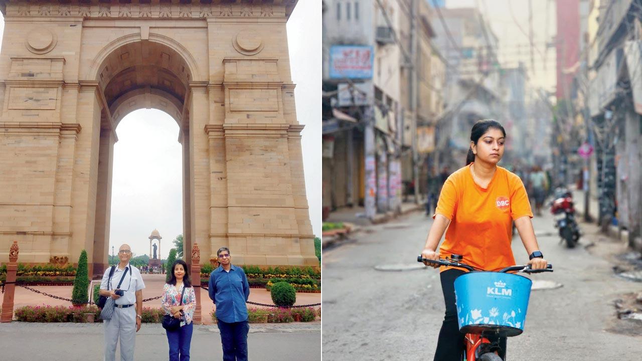 Participants halt at India Gate with the Bose Canopy in the background, as part of the bespoke Kartavya Path Heritage Experience organised by Delhi Walks, the city’s oldest walks company that began in 2010; (right) Himadri Giri, operations head and director, Delhi By Cycle