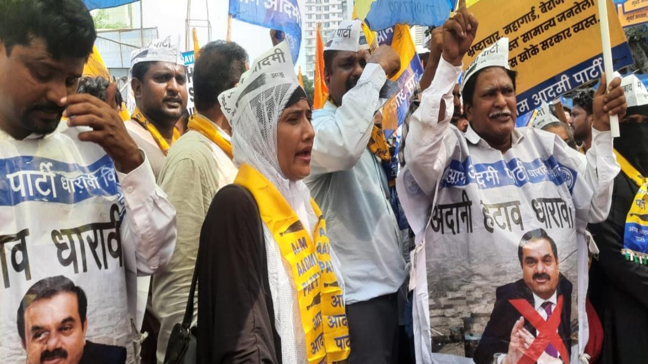 Scores of residents of Dharavi and members of various political parties on Thursday held a protest demonstration in Mumbai against billionaire Gautam Adani for Dharavi Slum Rehabilitation Project