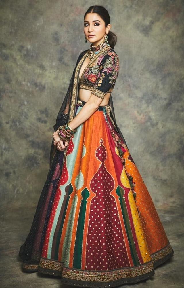 Anushka Sharma picked a multicoloured lehenga from Sabyasachi Mukherjee’s winter/bridal 2019 collection Charbagh for Diwali celebration