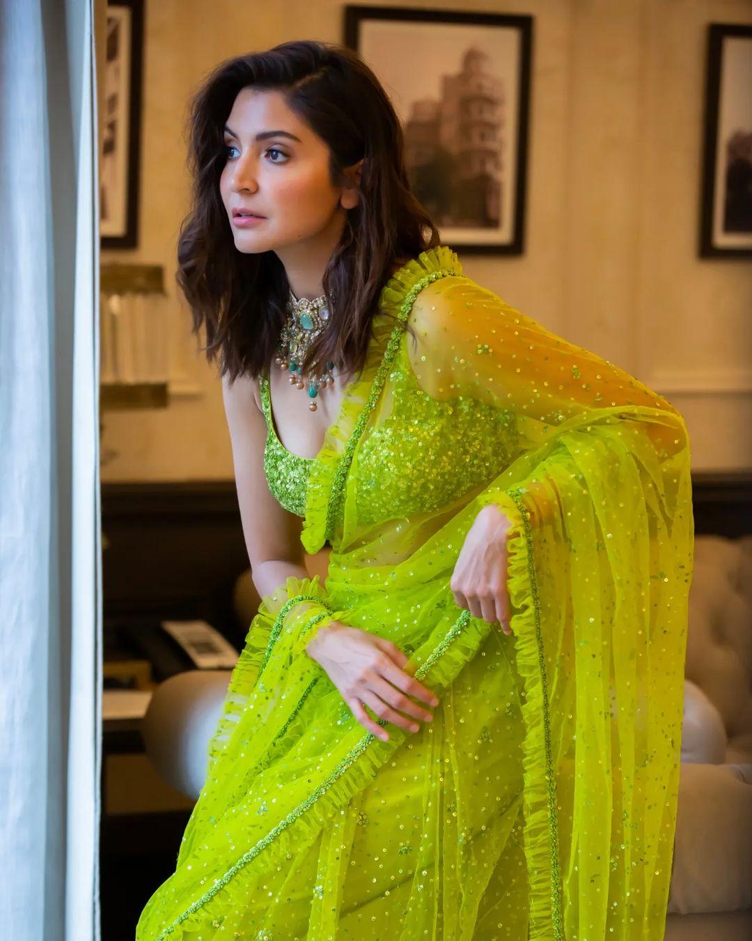Anushka Sharma also gives us Navratri fashion inspiration in a vibrant green Sabyasachi saree that exhibited her love for traditional attire. 