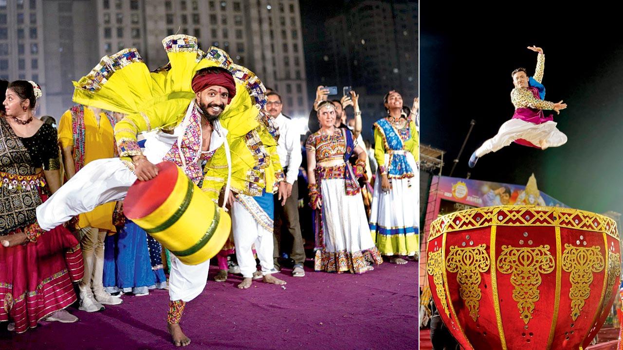 A man uses a dholi while doing barrels; (right) Parth Patel dancing on the six feet nagada at a Borivali venue. Pics courtesy/Priyesh Koya