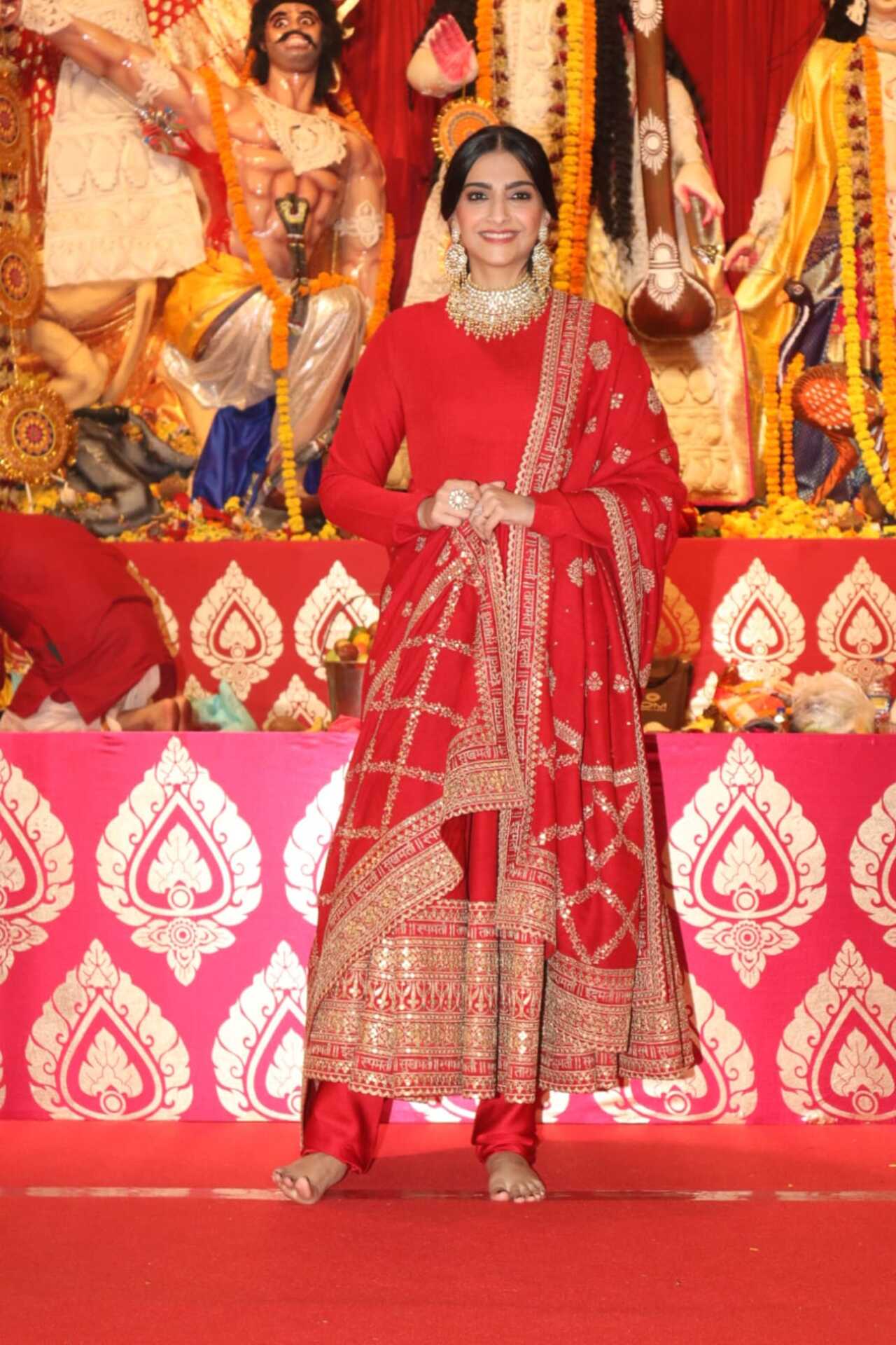 Sonam looked stunning in a red Anarkali 