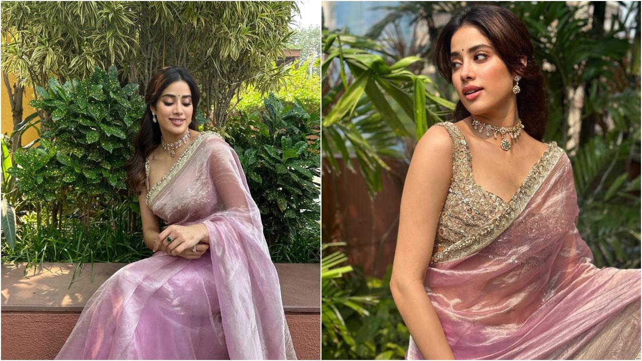 Looking for a simple yet memorable Karva Chauth celebration look? Take inspiration from Janhvi Kapoor's purple tissue saree paired with a heavily embroidered blouse