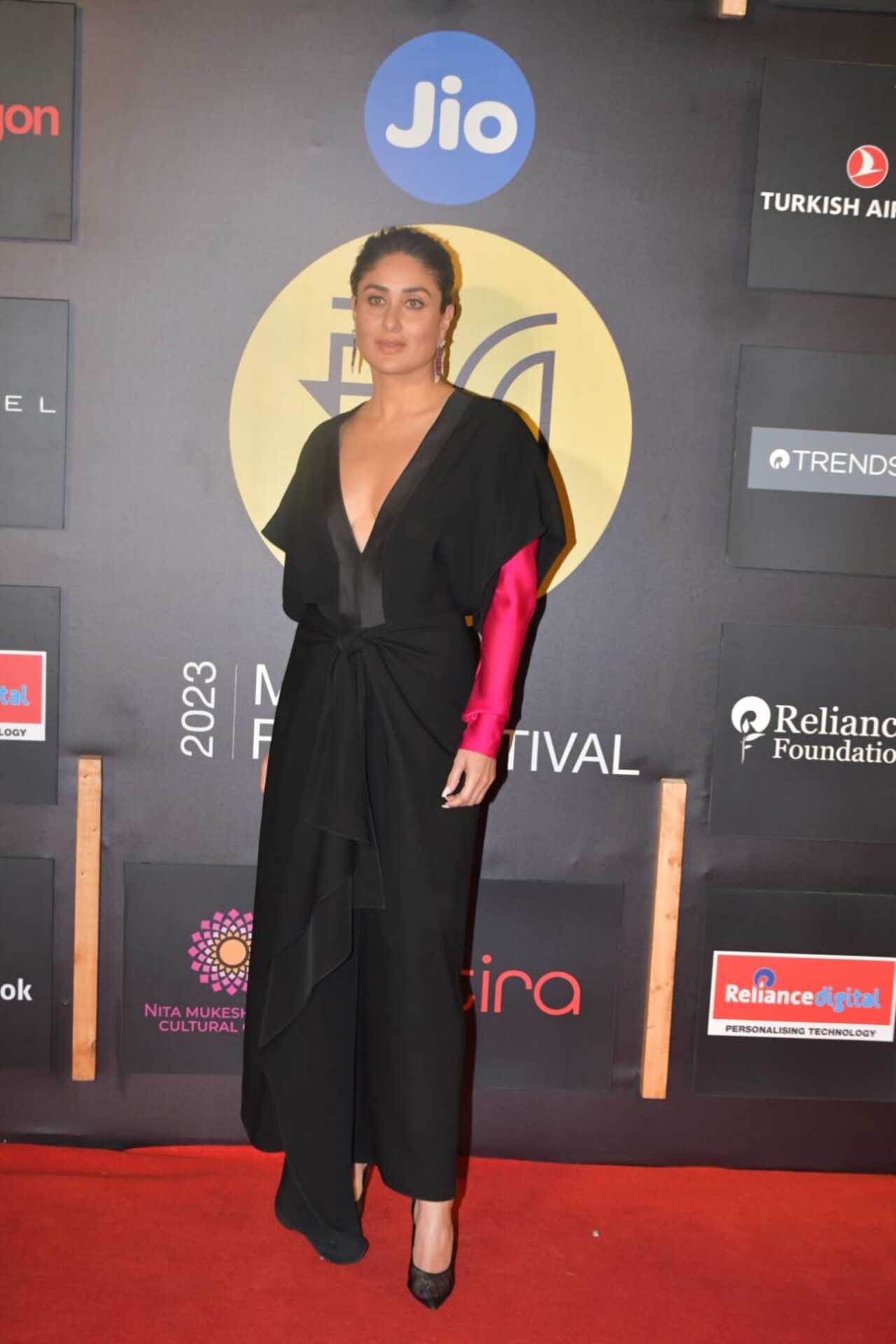 Kareena Kapoor opted for an all-black outfit with a tinge of pink for the big opening night