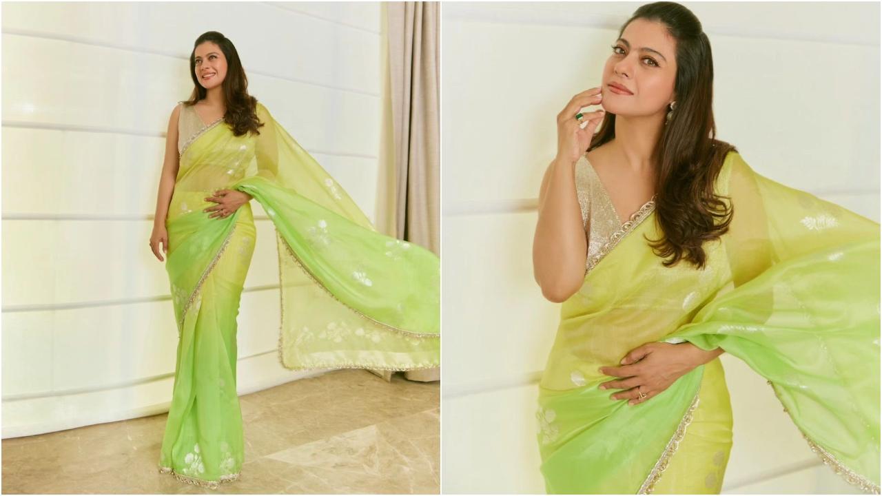 This green saree paired with a contrasting silver blouse made Kajol look absolutely gorgeous