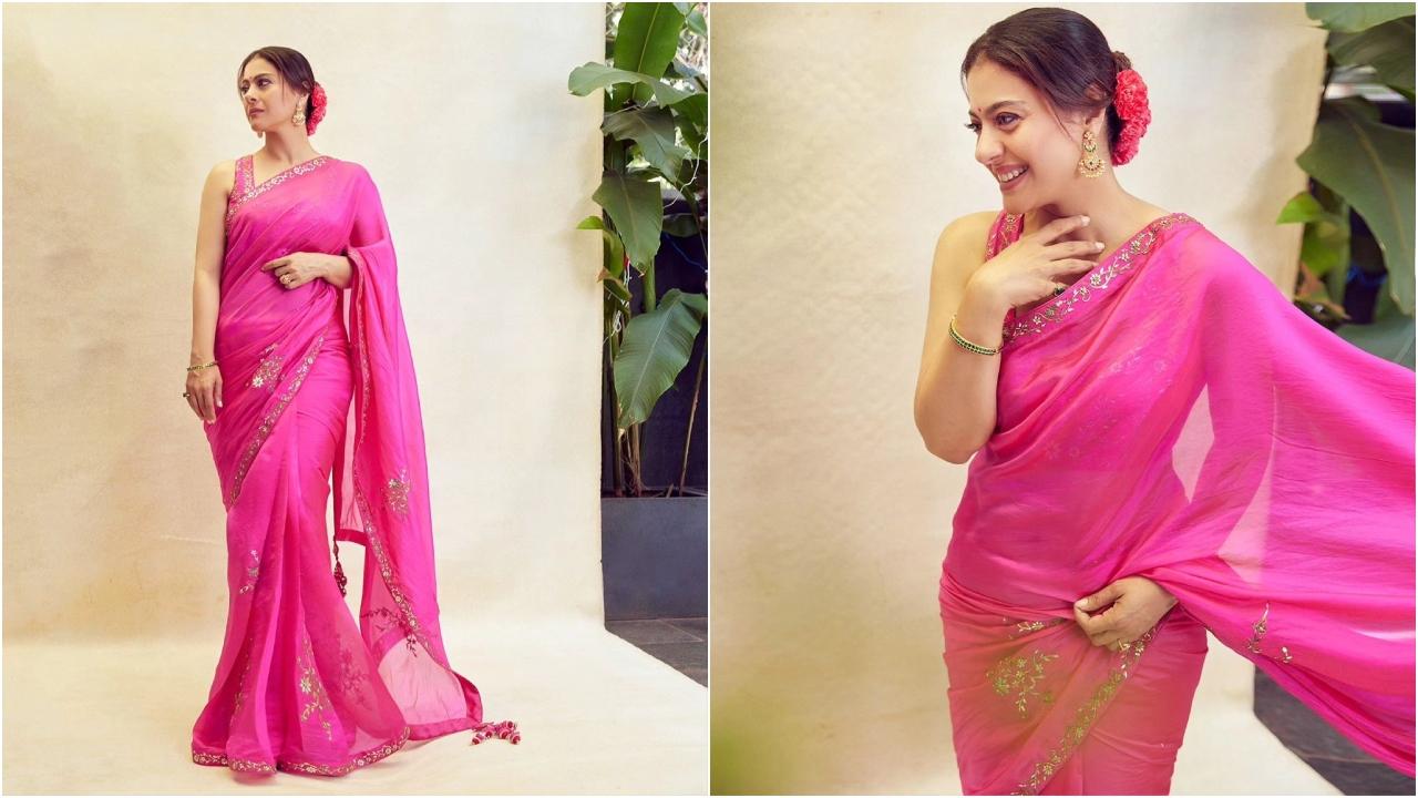 Kajol wore a plain pink saree and tied her hair in a bun. She completed the look with a matching flower. This outfit will make your spouse fall in love with you all over again