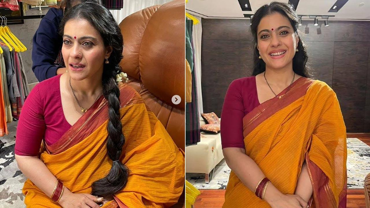 Kajol celebrates first day of Navratri 2023 in orange saree