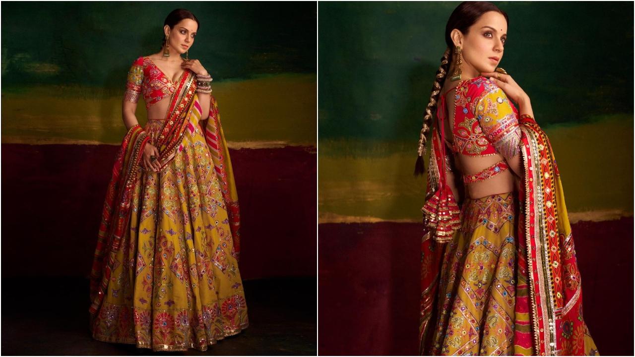 Kangana looks stunning in her yellow and pink heavily decorated lehenga and gorgeous hairstyle, making it a perfect choice for Karva Chauth