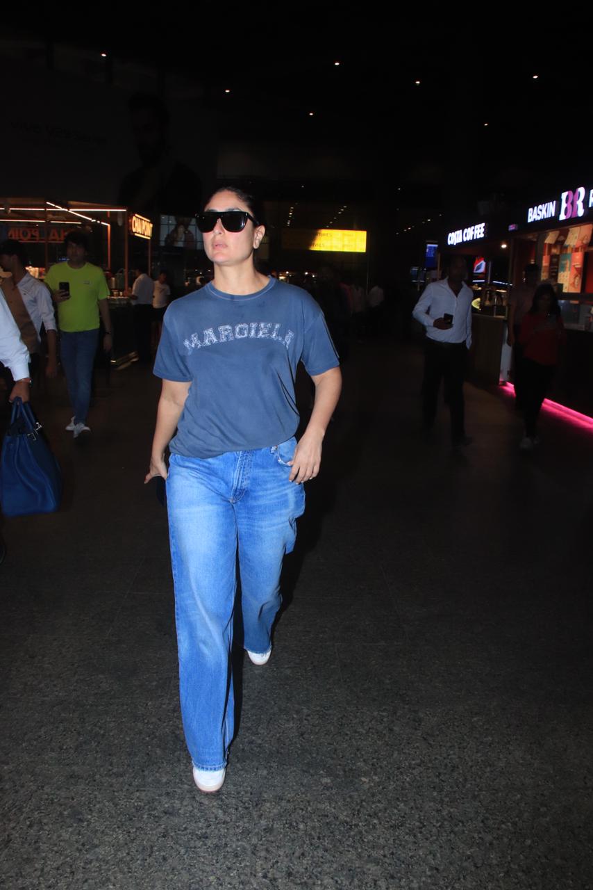Kareena Kapoor looked smart in a simple T-shirt and jeans as she was captured by photographers at the airport