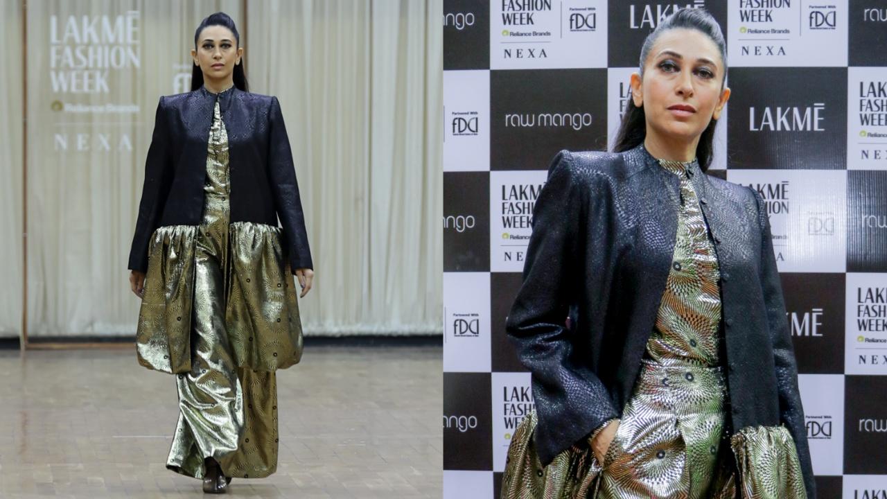 Kapoor made quite the fashion statement sporting the unconventional metallic gold and black pant-suit. She opted for a smokey eye and nude make-up look. The actress completed the look with a half-up, half-down hairdo. 