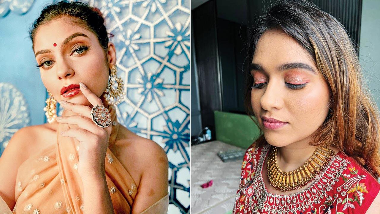 Oindrila Mukherjee in the easy breezy brown look by Kaur. Pic Courtesy/Rajdeep Das; (right) The pop-of-colour look on Maneka Thapar by Ishmin Kaur