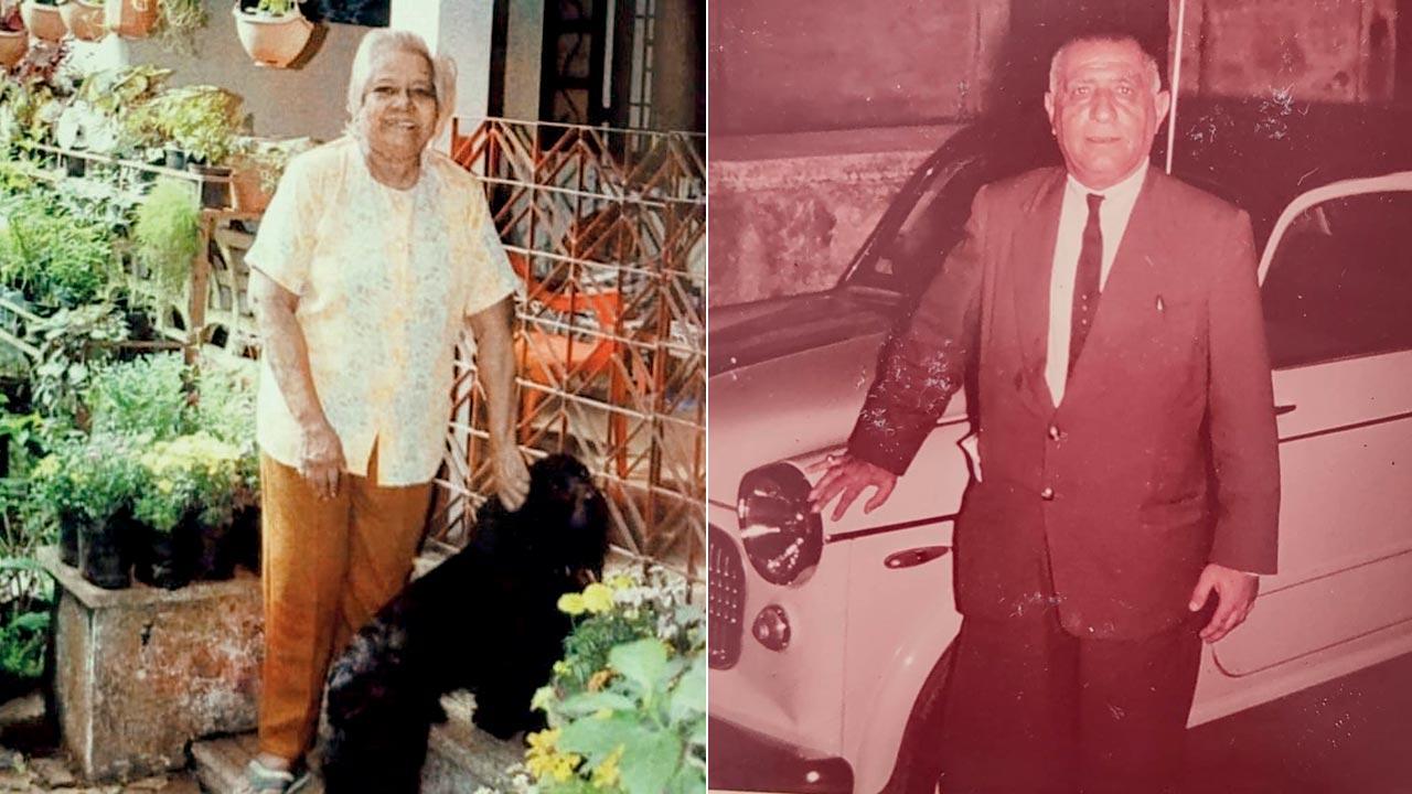 The late Marie D’Souza at the Ed-Mar gate with spaniel Nemo; (right) Rustomji Irani who co-founded the ice factory after World War II