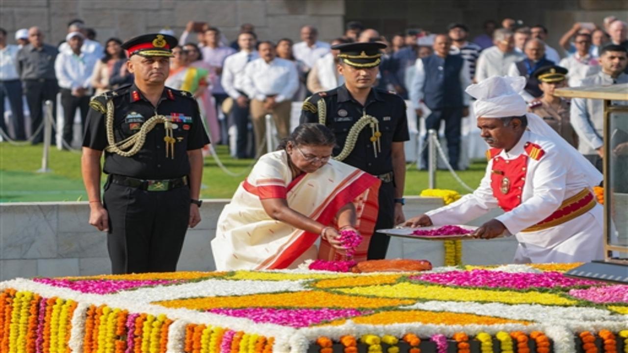 Lok Sabha Speaker Om Birla and Delhi Lieutenant Governor LG Saxena also paid tributes to Mahatma Gandhi at Rajghat on the occasion of Gandhi Jayanti.