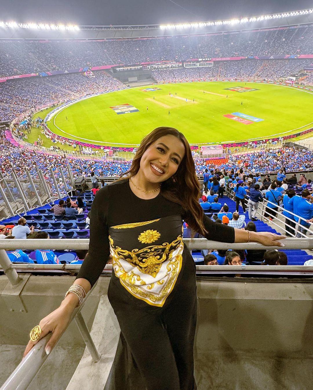 Neha Kakkar, the famous singer, is in Ahmedabad to watch the intense showdown between India and Pakistan in the World Cup. 