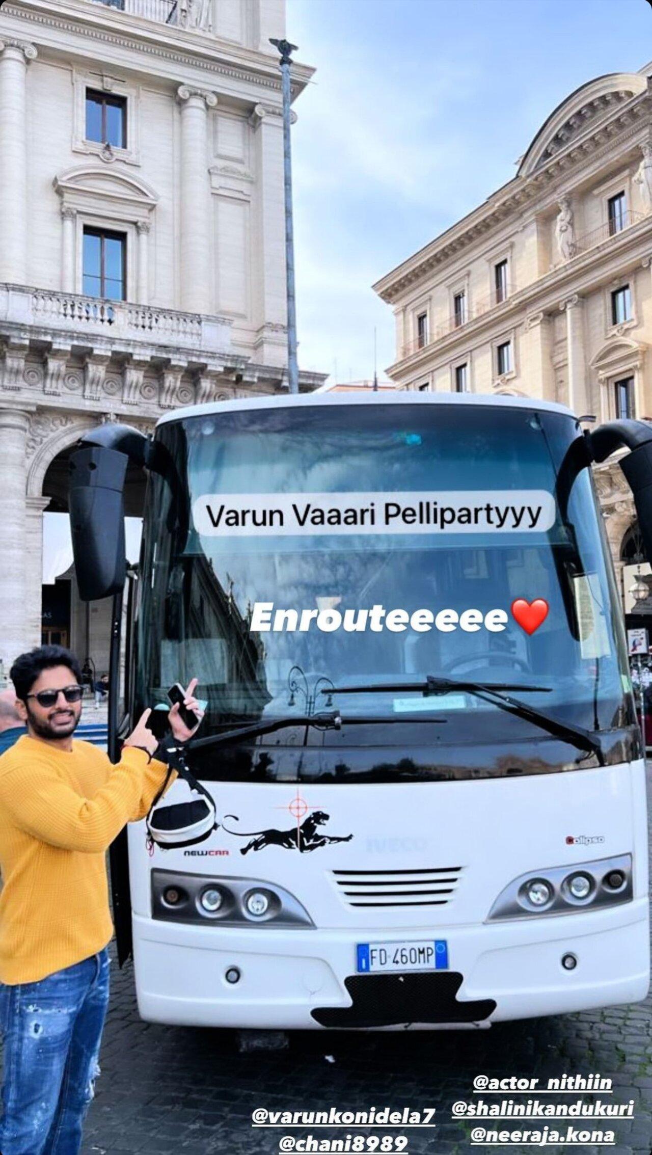 Actor Nithiin who is a part of the wedding posted a picture of him posing by the bus for Varun's guests. They toured Rome and reached Tuscany via bus