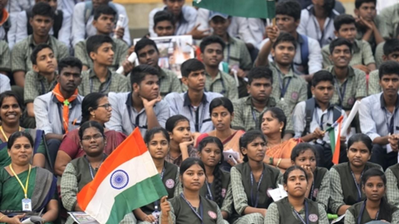 Students gather for the launch of Gaganyaan Mission