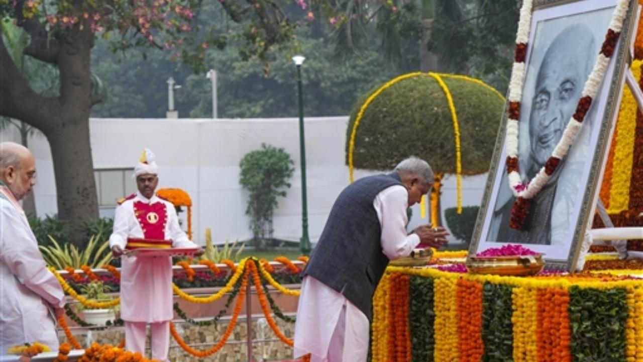Vice President Jagdeep Dhankhar pays homage to Sardar Vallabhbhai Patel on his birth anniversary, at Patel Chowk in New Delhi
