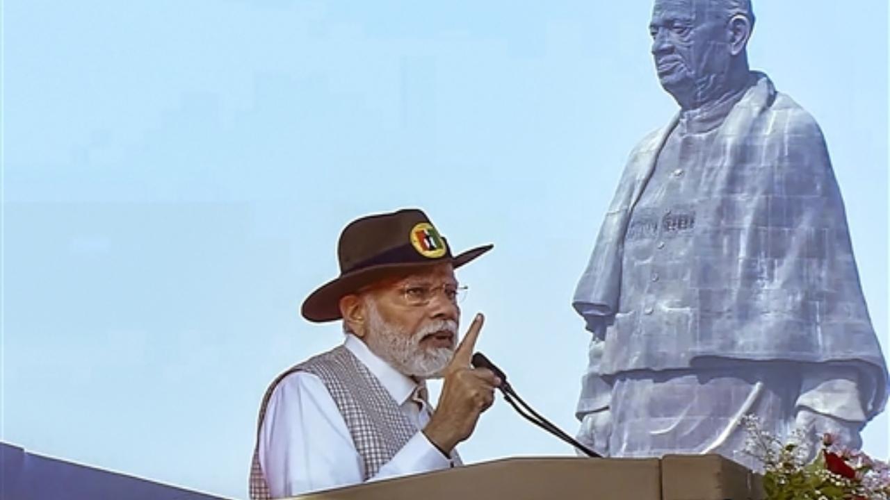 Prime Minister Narendra Modi addresses at the 'Statue of Unity' during 'Rashtriya Ekta Diwas' celebrations on Sardar Vallabhbhai Patel birth anniversary, at Kevadia, in Narmada district
