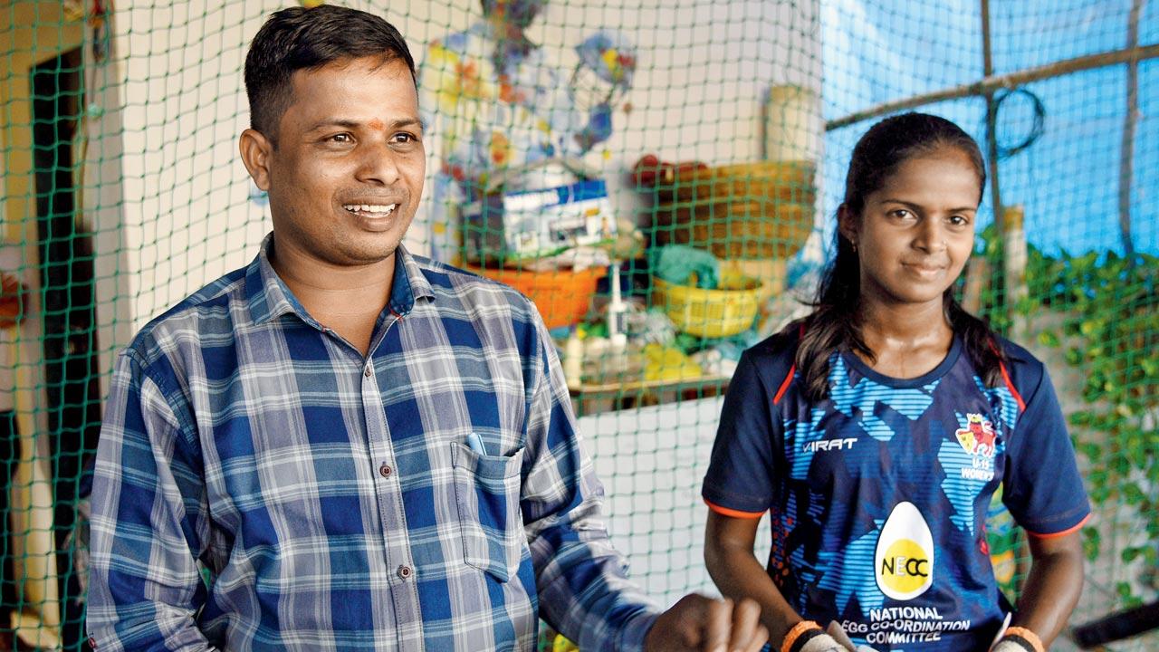Snehlata Dhangada, who played for Mumbai in December 2022, with her father Kamlakar, a teacher in Bahadoli. Kamlakar has adjusted his school timings around his daughter’s coaching sessions in the morning and evening. “In our village, girls don’t play cricket,” says the Khamloli native, “But, this is what she wanted, and my wife and I didn’t want to leave any stone unturned”