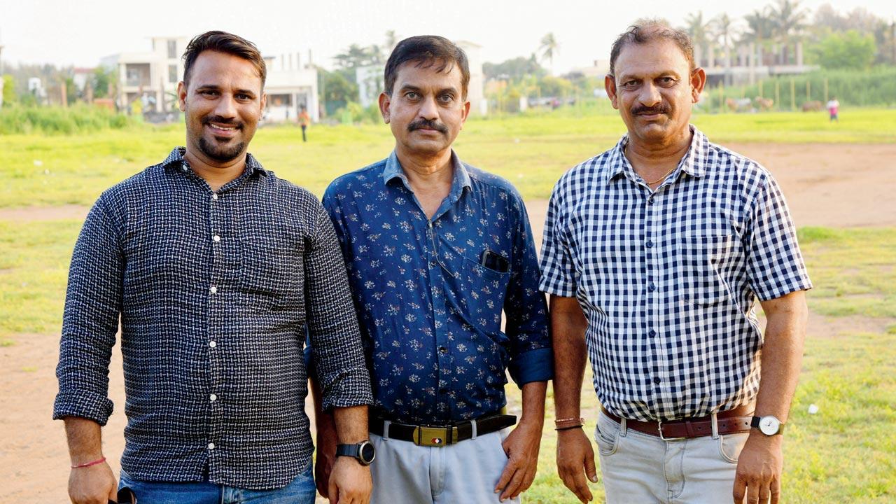 (From left) Deputy Sarpanch Abhijit Nishikant Tare, Satpati Krida Association president Vijay Mukund Raut and former sarpanch Arvind Patil have spent the last many years fighting to reclaim the cricket ground, so that kids can enjoy the sport. They now plan to convert it into a cricket turf, where MCA can organise coaching camps