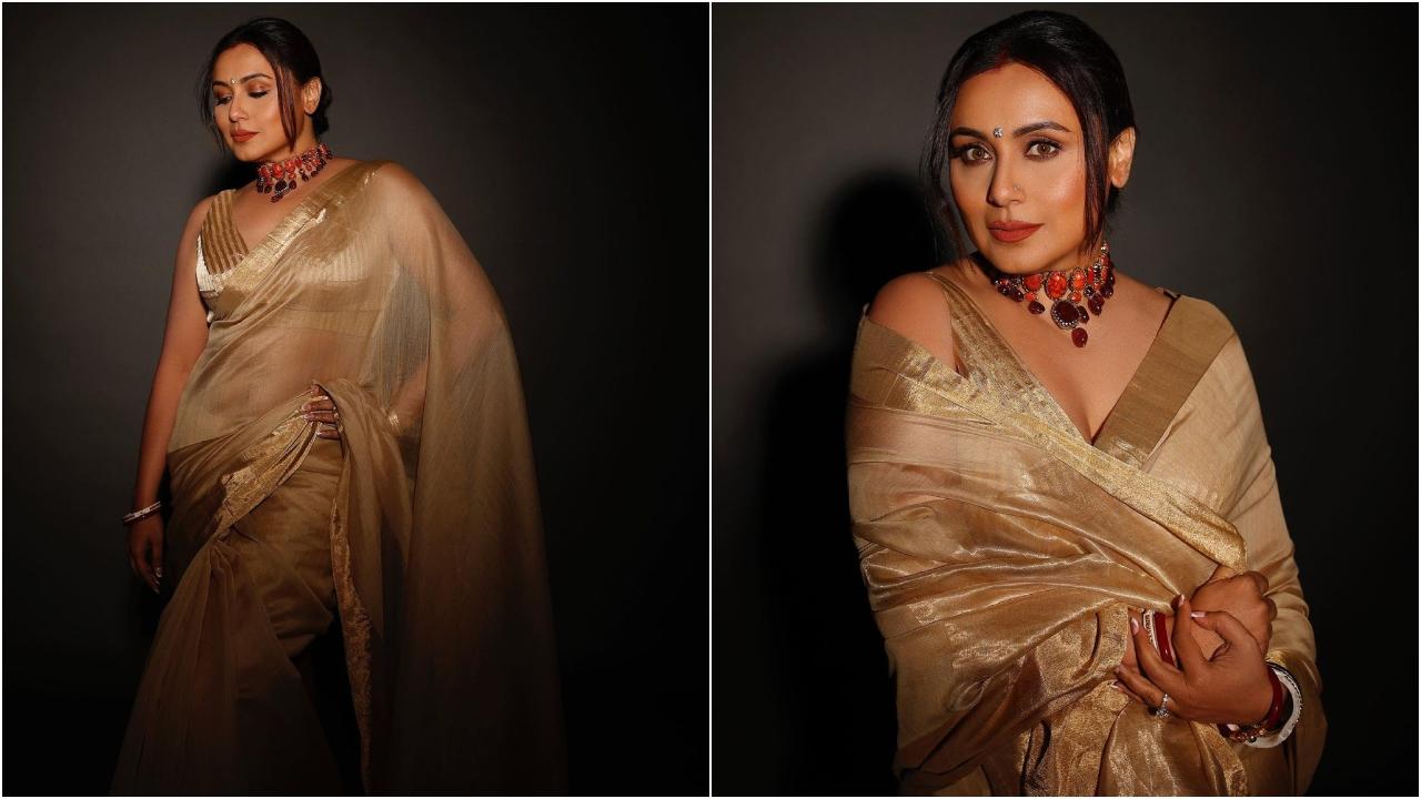 Rani Mukerji's golden saree with a heavy border can be an ideal choice for your special day. The actress looked stunning as she opted for a contrasting necklace. The shiny and striking makeup made her look gorgeous