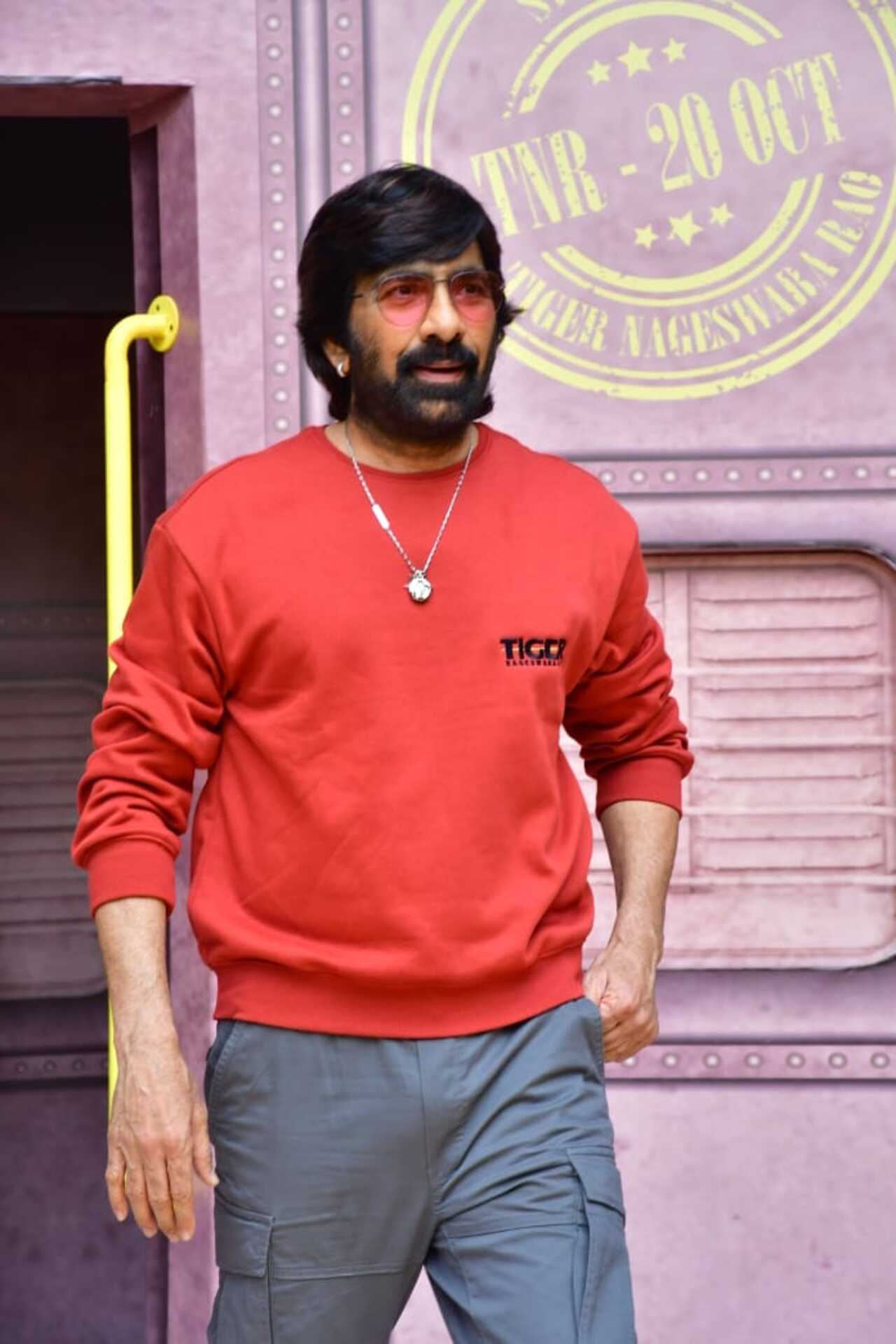 The Mass Maharaja of Telugu cinema was seen in a bright red t-shirt and matching shades for the event