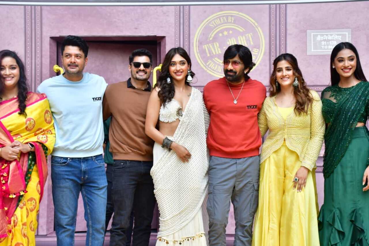 Ravi Teja poses with the cast of his upcoming film including Nupur Sanon