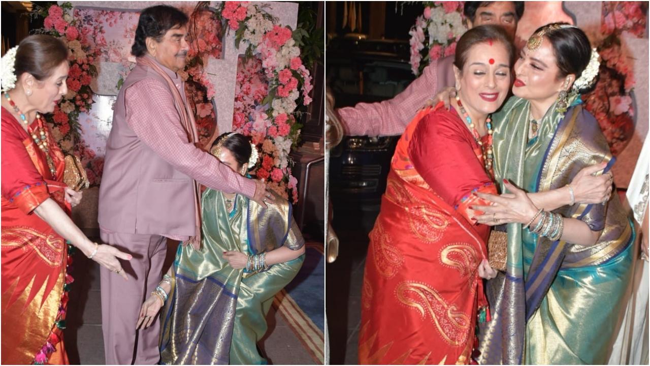 Rekha touches Shatrughan Sinha's feet at a wedding reception; watch