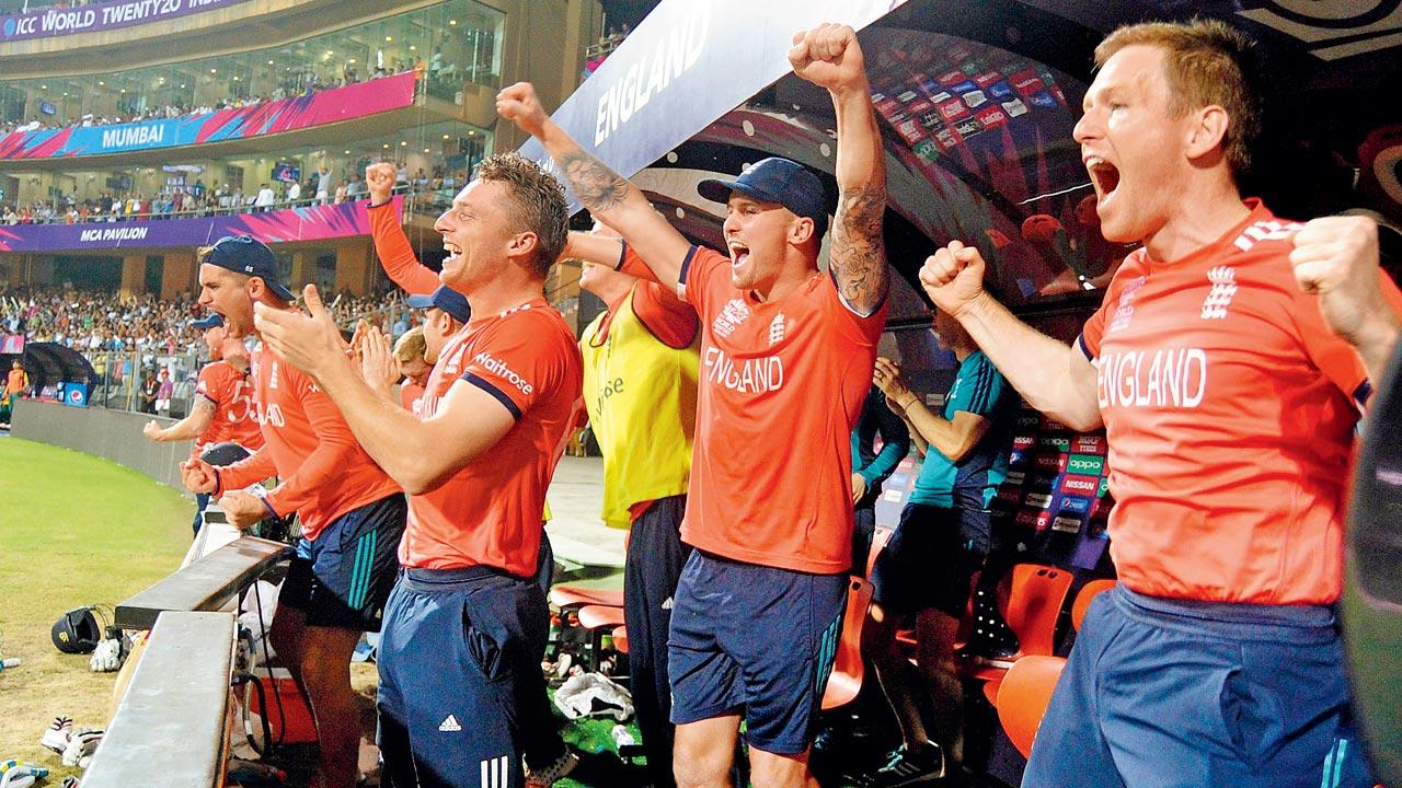 England players celebrate after their T20 World Cup match against South Africa at Wankhede on March 18, 2016. Pic/Getty Images