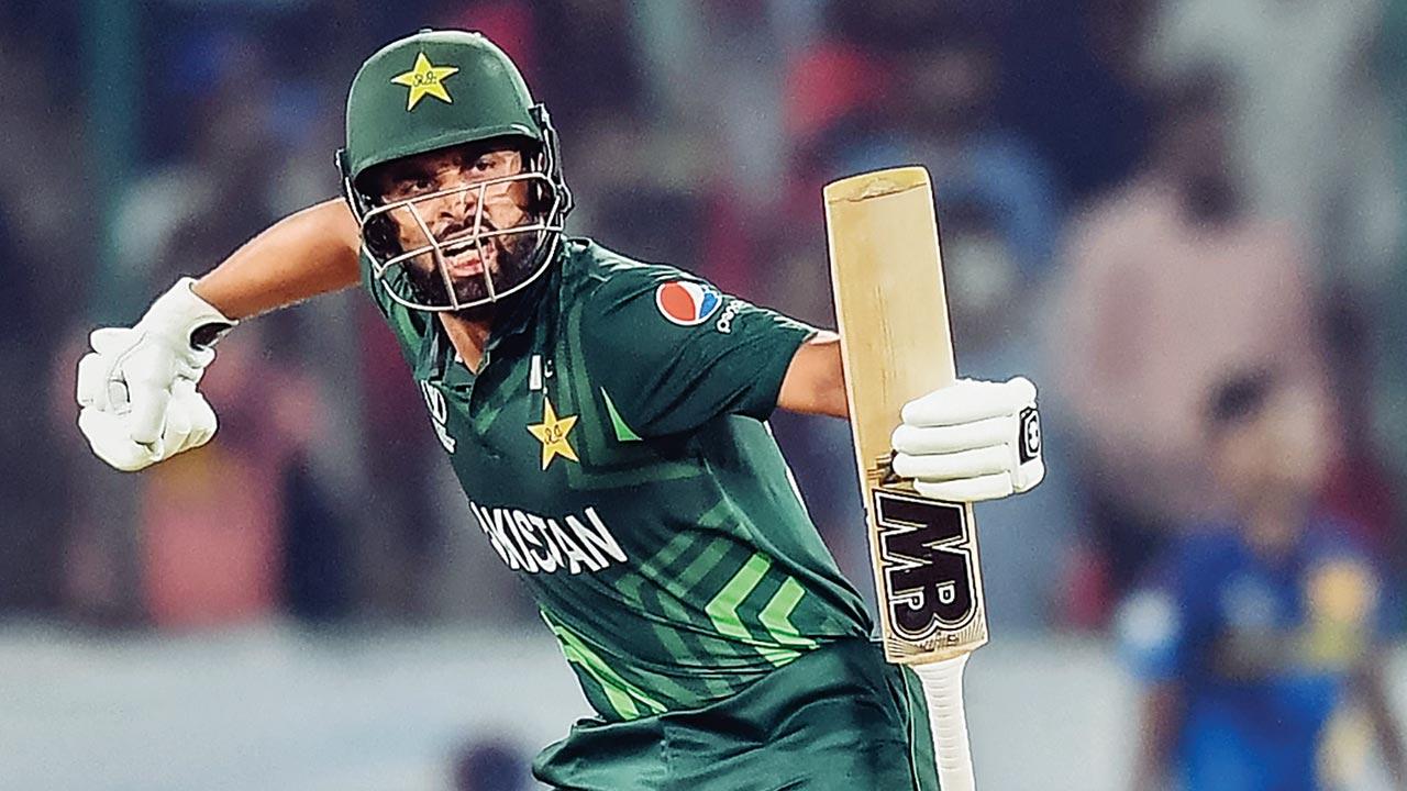 Pakistan’s Shafique Abdullah celebrates his ton v SL. Pic/AFP