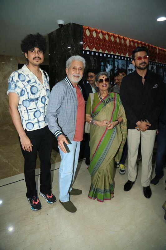 Naseeruddin Shah with his son Imaad poses with theatre veteran Dolly Thakore at the screening of Shyam Benegal's film 'Mujib'