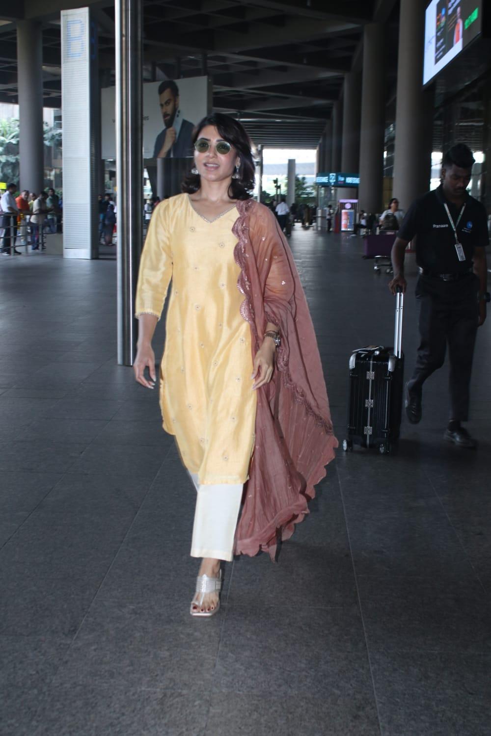 Samantha Ruth Prabhu was clicked in the city wearing a yellow kurta and white palazzo 