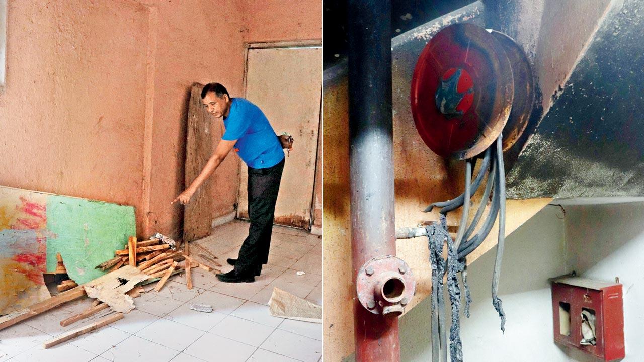 Vijay Valmiki, who resides on the 11th floor of the Kurla SRA building, had to break open the door of the terrace to crossover to the F Wing, to escape; (right) Charred remains of a fire hose in the Kurla building. While every floor has a hose, they were rendered unusable, because the fire originated in the meter box. A fire hose reel is never used in an electrical fire.  Pics/Anurag Ahire