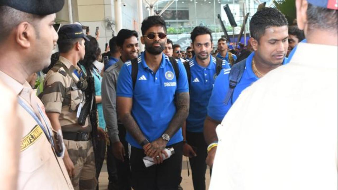 India's 360 batsman Surya Kumar Yadav makes his appearance at Mumbai's domestic airport ahead of the ICC World Cup 2023 clash against Sri Lanka. 'SKY' played an important knock of 49 runs which was important from India's perspective to set a target of 230 against England