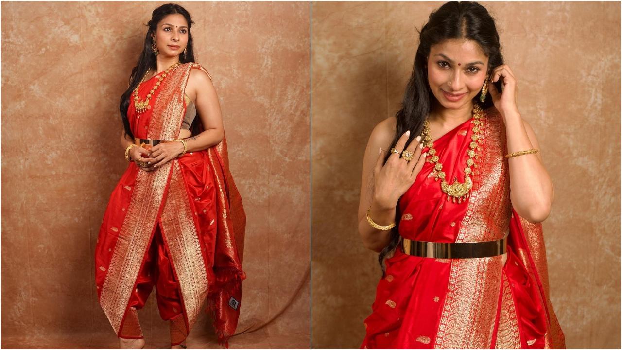 Tanishaa Mukerji looked stunning in a red saree paired with a contrasting golden border, draped in an indo-western style. This look of the actress can be your perfect Karwa Chauth fit