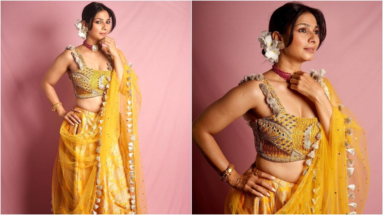 leTanisha Mukerji's lehenga choli is perfect to enhance your fashion game with its simplicity