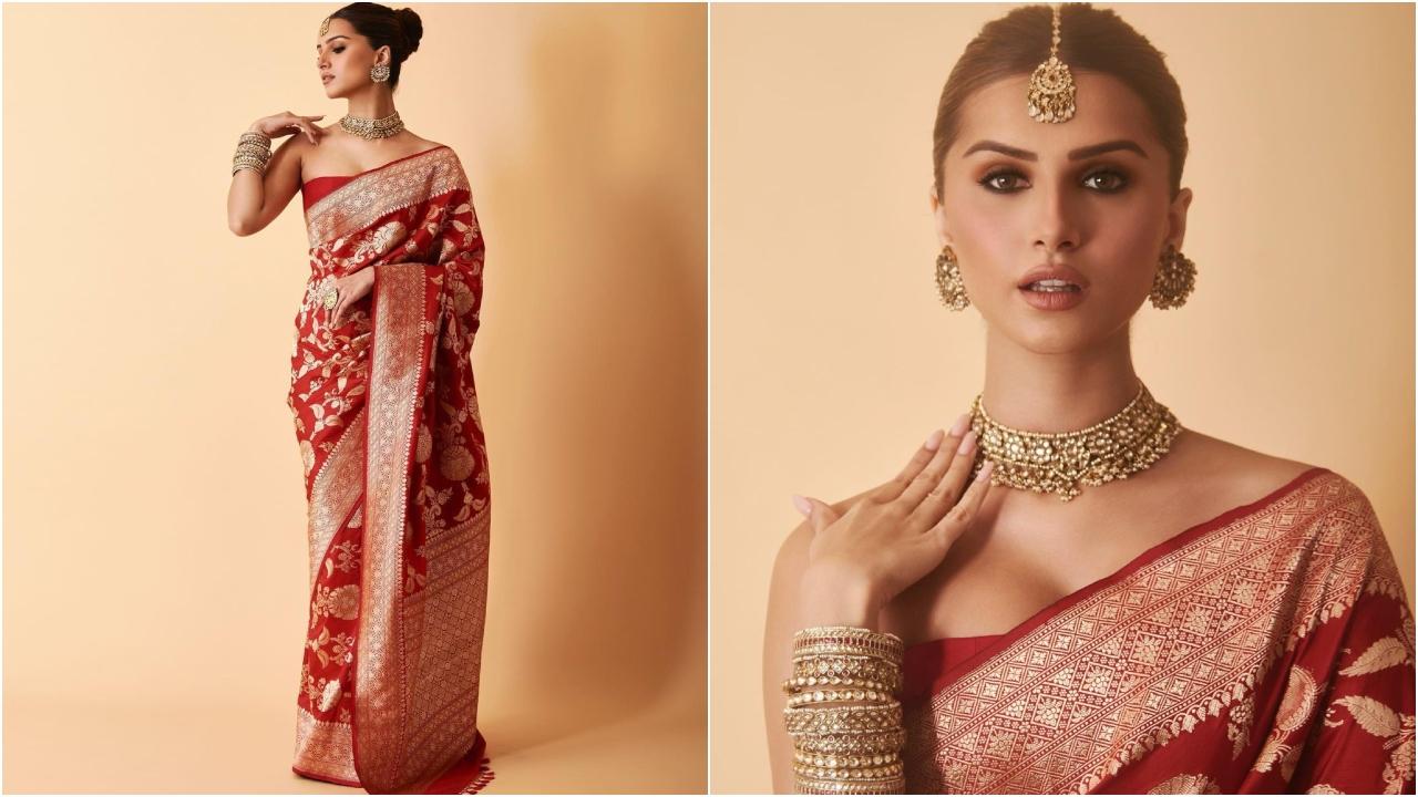 Tara Sutaria looked stunning in a bold red saree. She styled her hair in a sleek bun and accessorized it with gold jewellery. This look is perfect for a Karva Chauth celebration