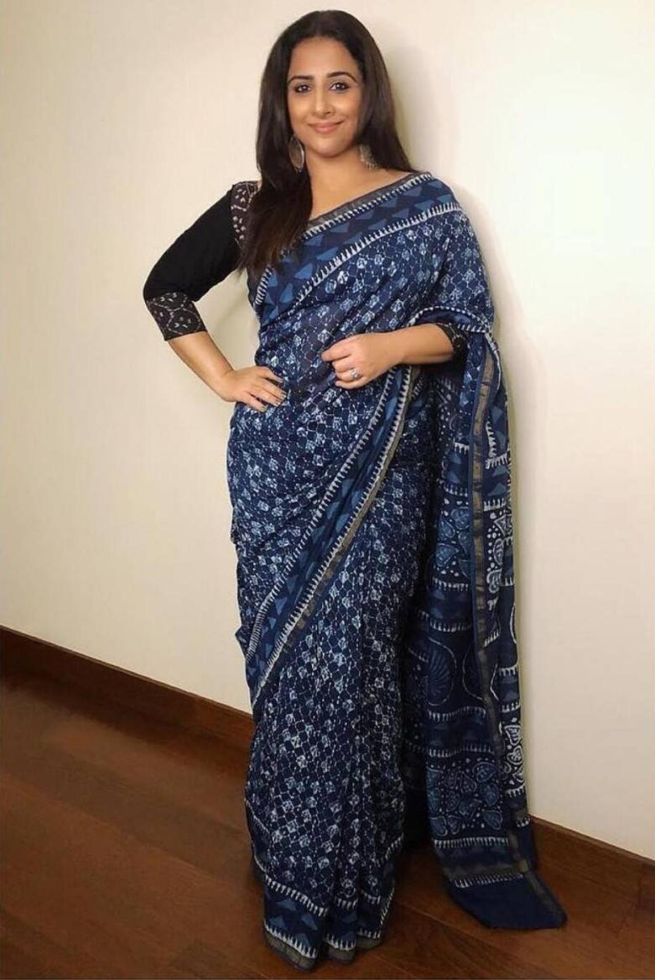 Want to wear blue to work this festive season? Vidya Balan-inspired blue printed cotton saree is perfect piece to get inspiration from