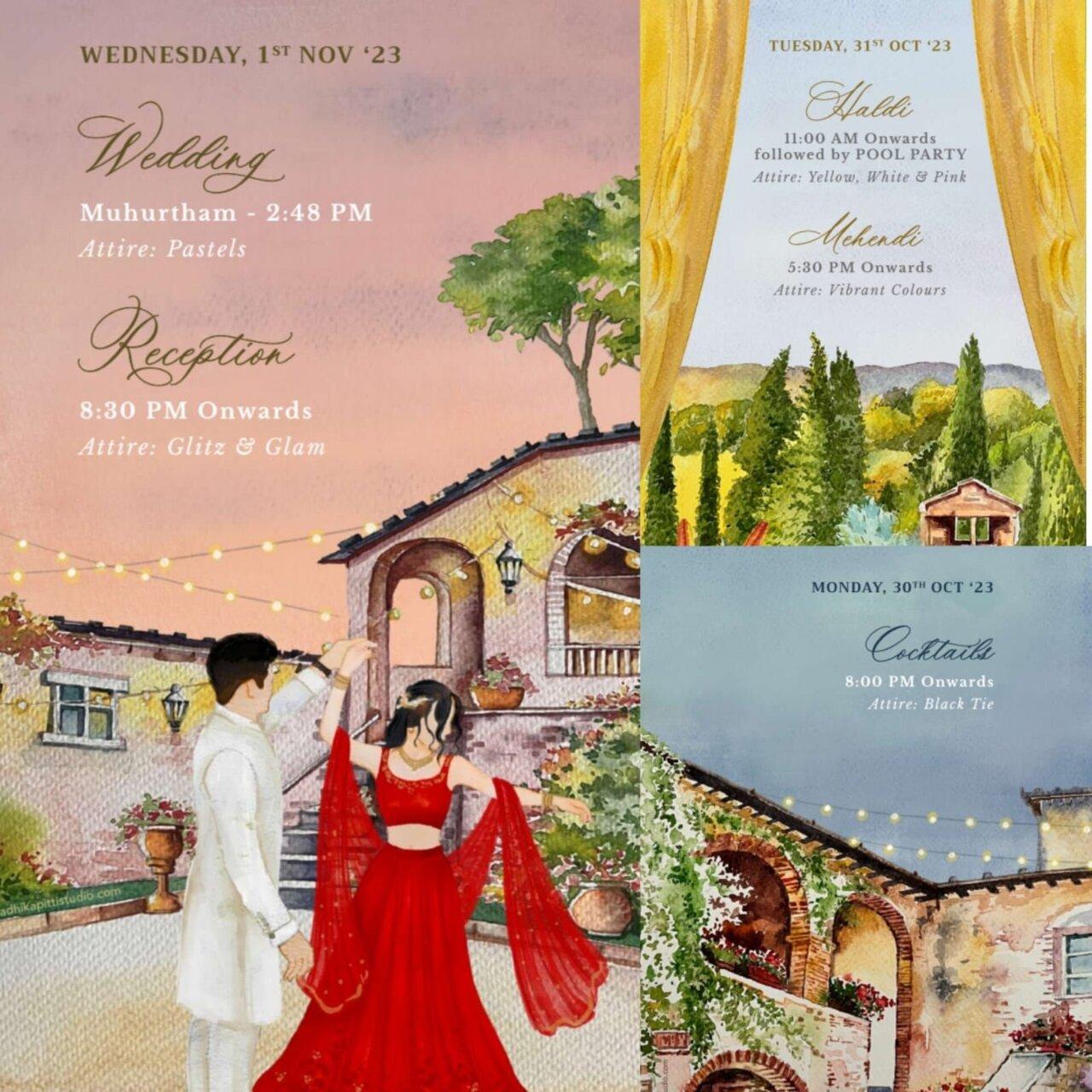 The three-day wedding celebration commenced on Monday. Picture of their wedding invite and schedule is doing the rounds on social media.
30th Oct: Cocktails 31st Oct: Haldi, Mehendi1st Nov: Wedding, Reception