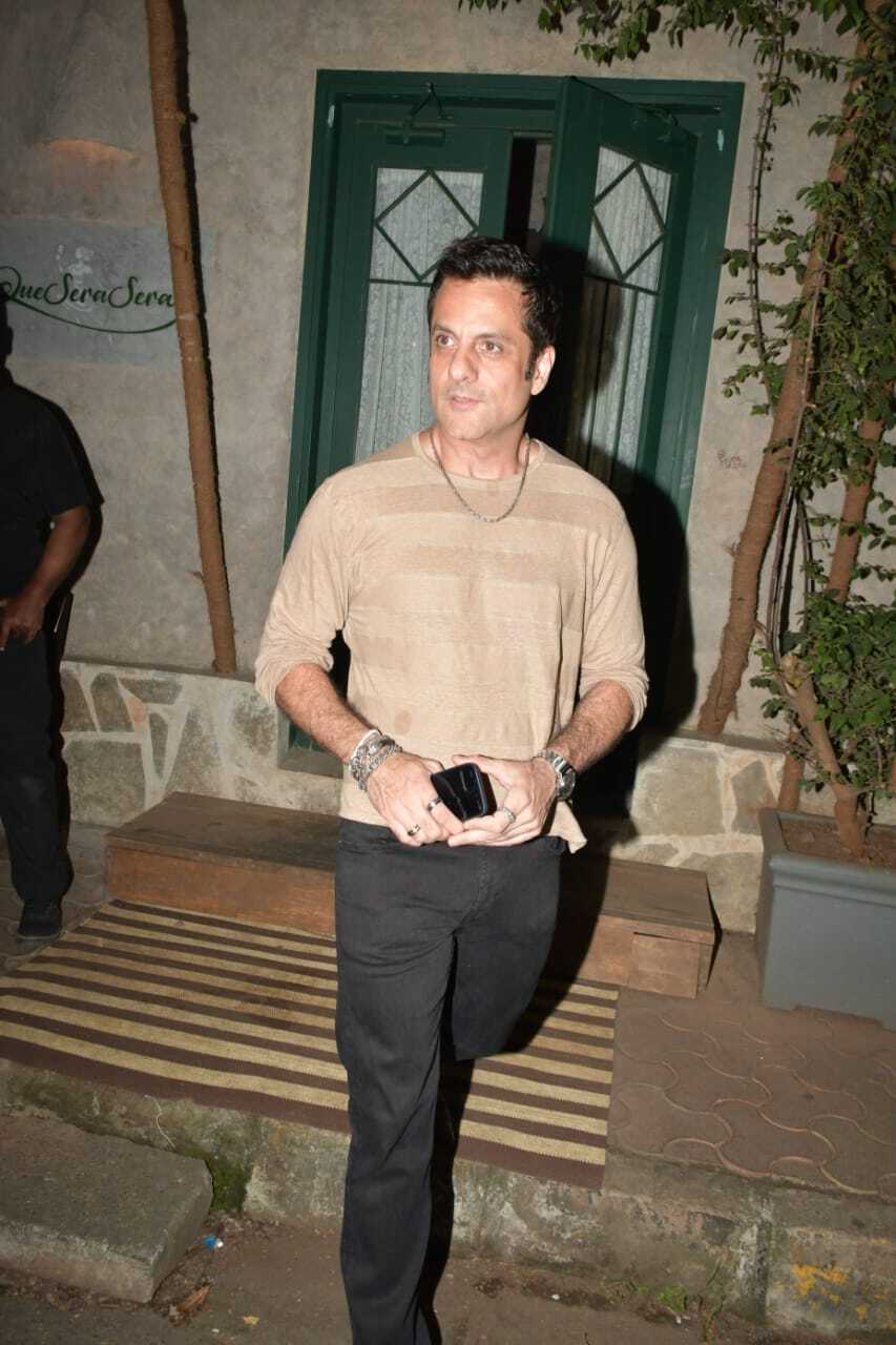 Fardeen khan was spotted wearing a simple brown T-shirt paired with black jeans as he went to attend Mudassar Aziz's birthday party