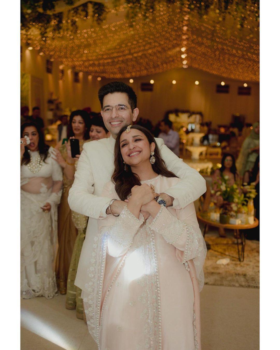 Raghav and Parineeti wore matching outfits for the ring exchange ceremony